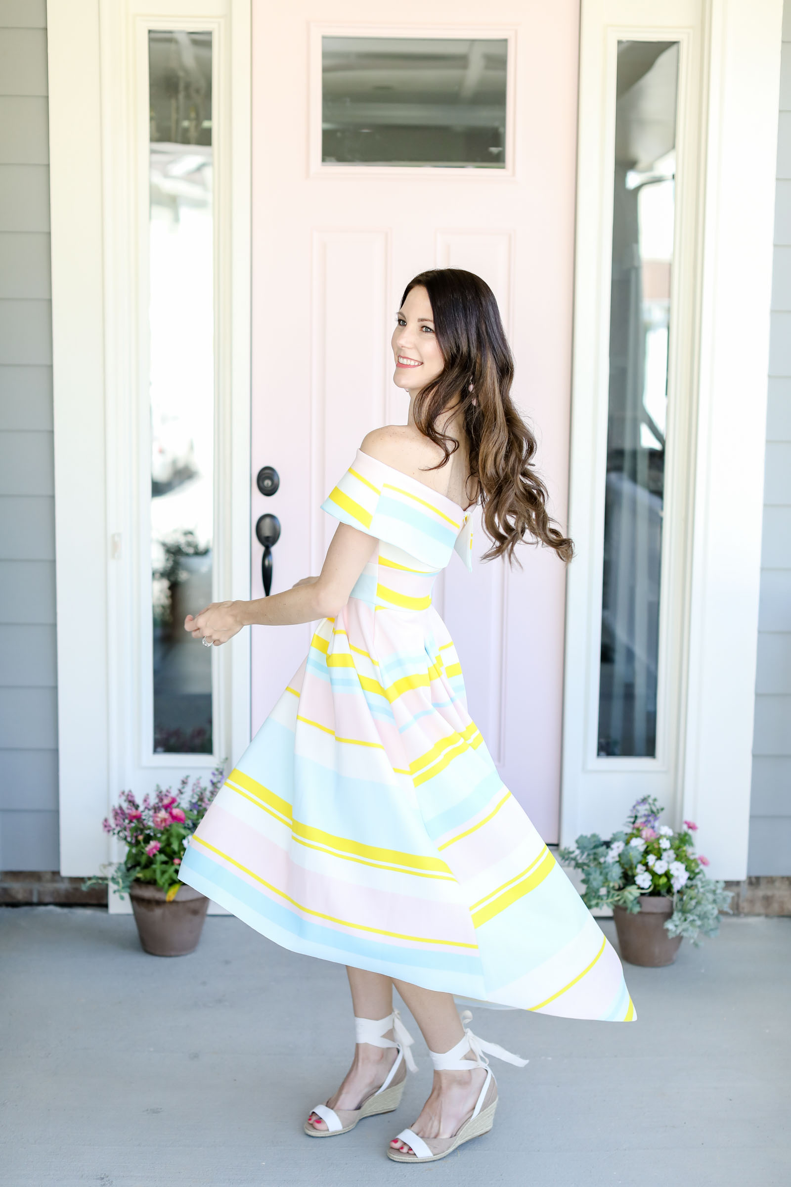 spring summer spinning dress bright color off shoulder dress | elle bowes
