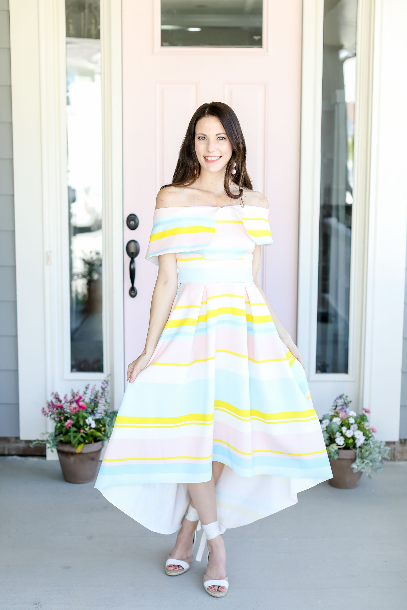 bright color off shoulder wedding guest dress | elle bowes