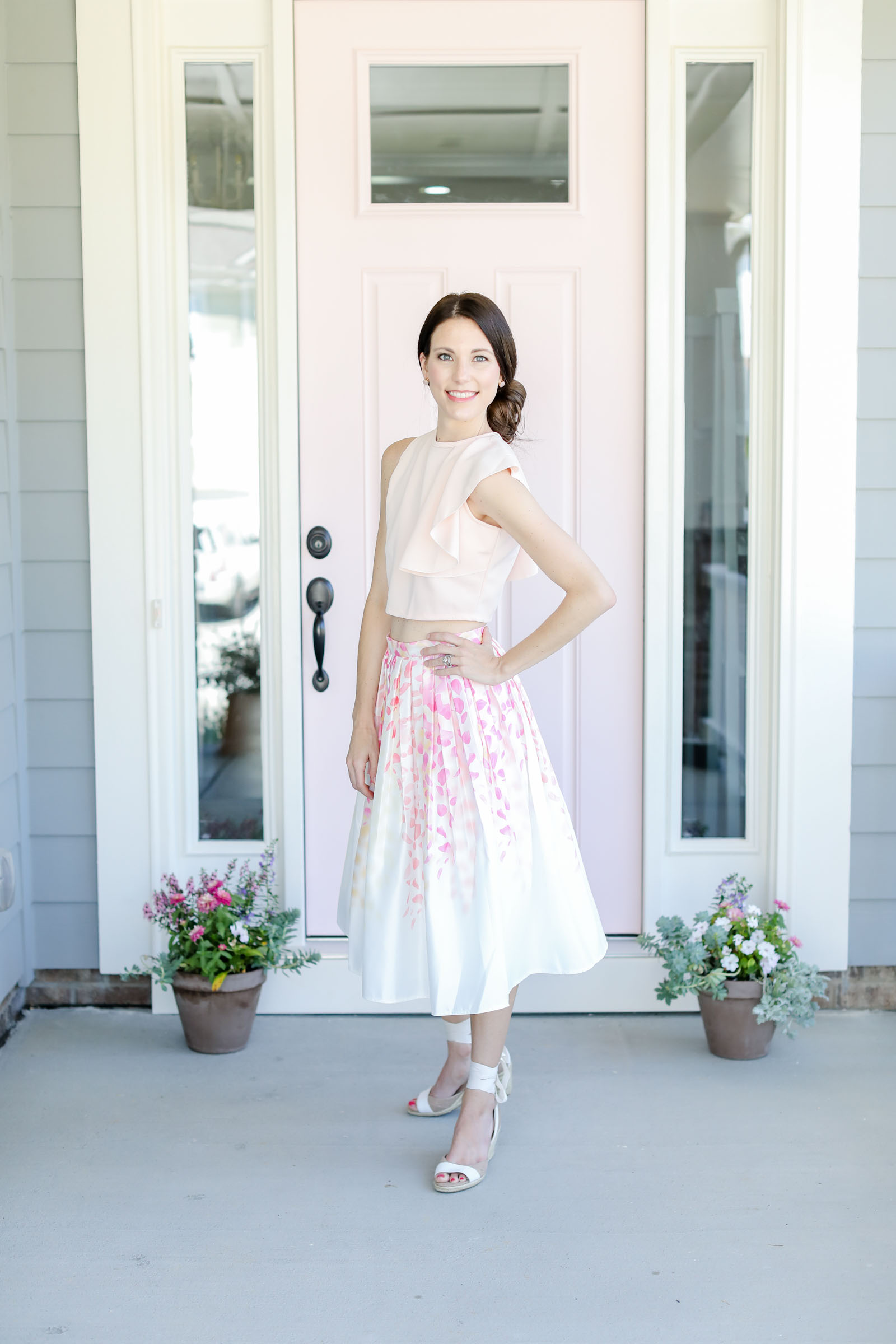 blush pink ruffle shoulder top flower petal skirt summer look | elle bowes