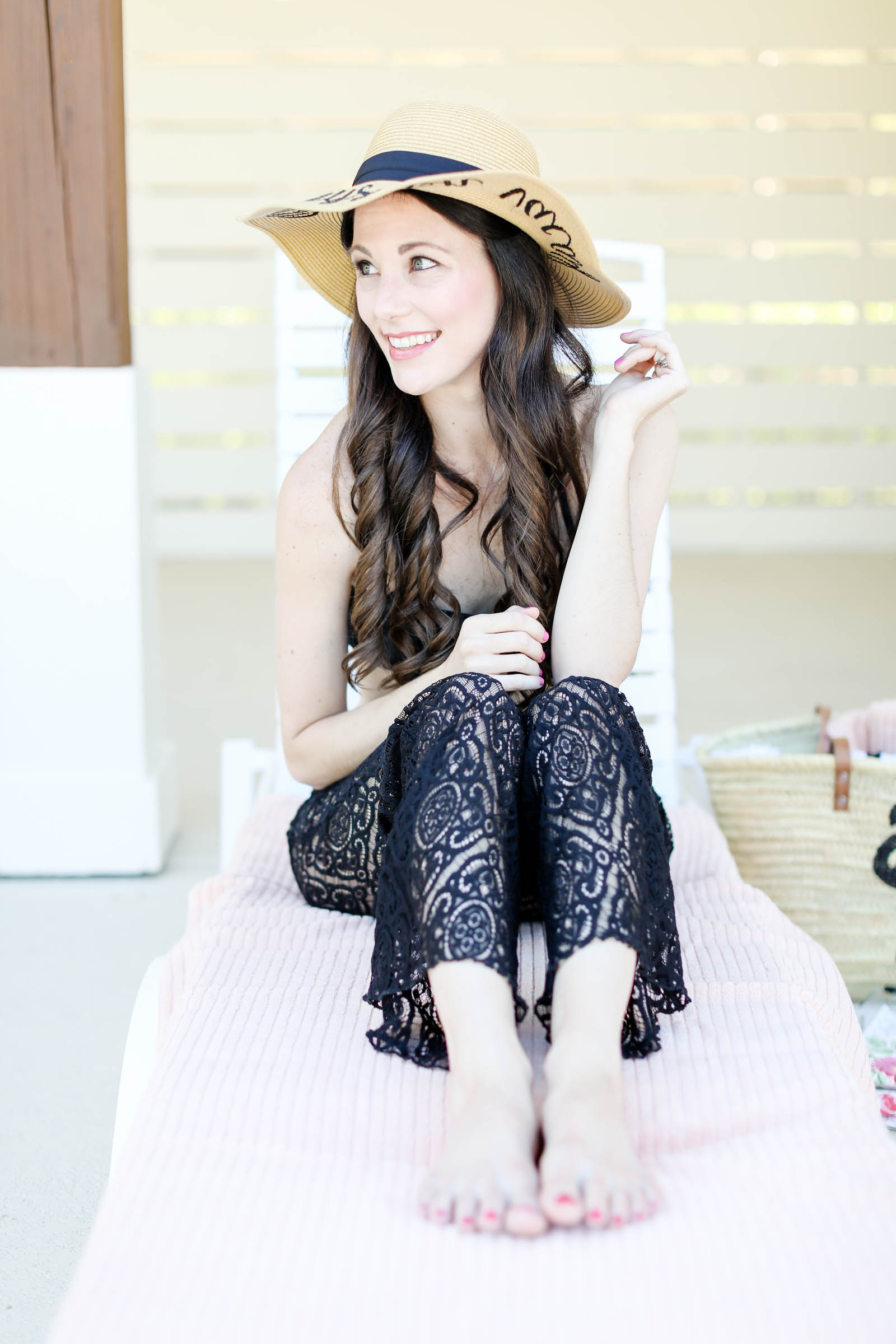 lace pants cover up with hat | elle bowes