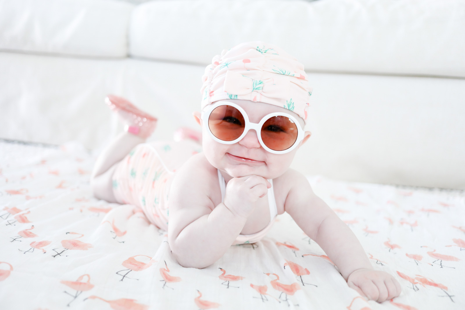 pregnant in summer baby girl bathing suit swimsuit jellies sunglasses | ellebowes