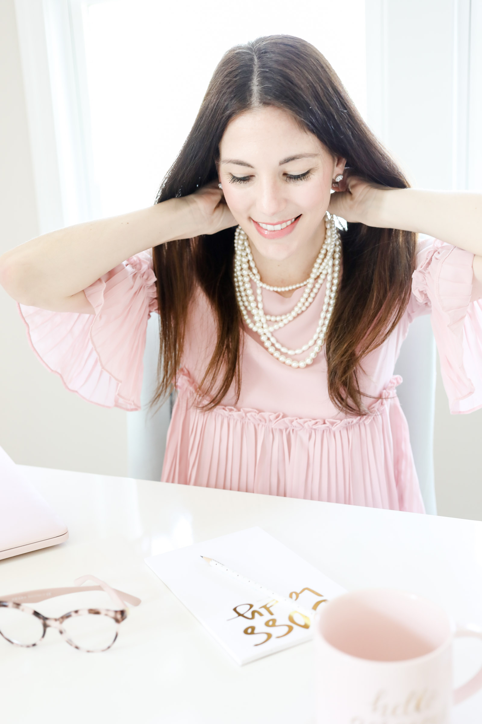 pearl layered necklace | pink nail polish | cute bow shoes | pineapple earrings | Summer accessories | pink and pearls | every day joie by elle bowes