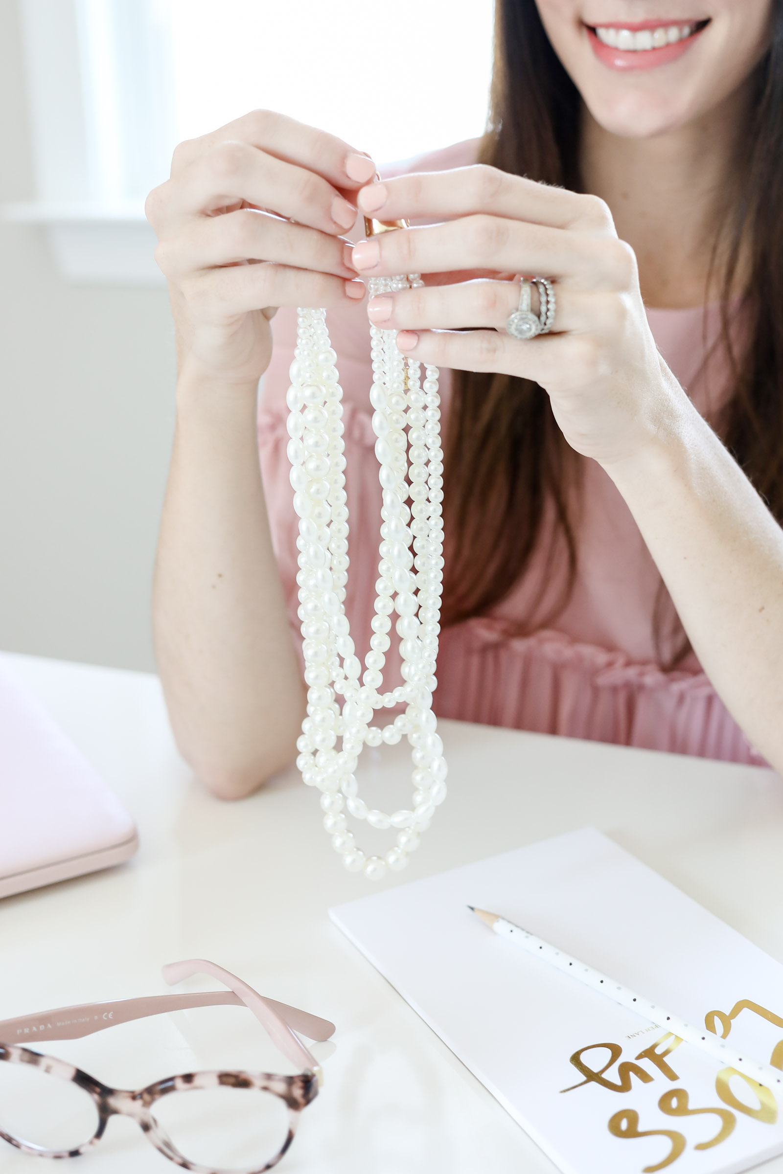 pearl layered necklace | pink nail polish | cute bow shoes | pineapple earrings | Summer accessories | pink and pearls | every day joie by elle bowes