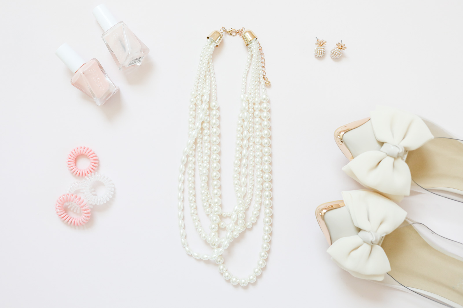 pearl layered necklace | pink nail polish | cute bow shoes | pineapple earrings | Summer accessories | pink and pearls | every day joie by elle bowes