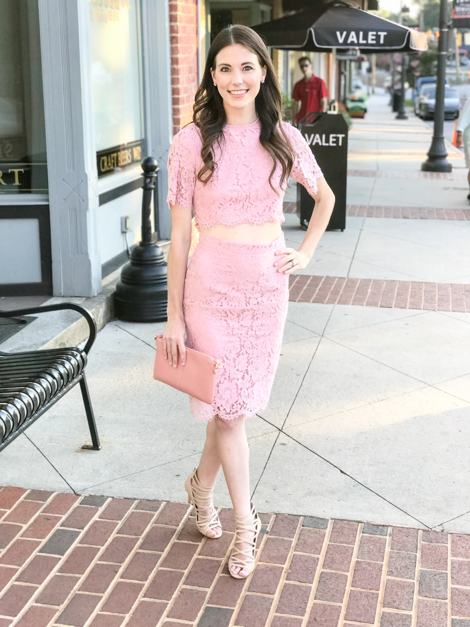 pink blush lace body con crop top dress skirt nude heels | every day joie by elle bowes