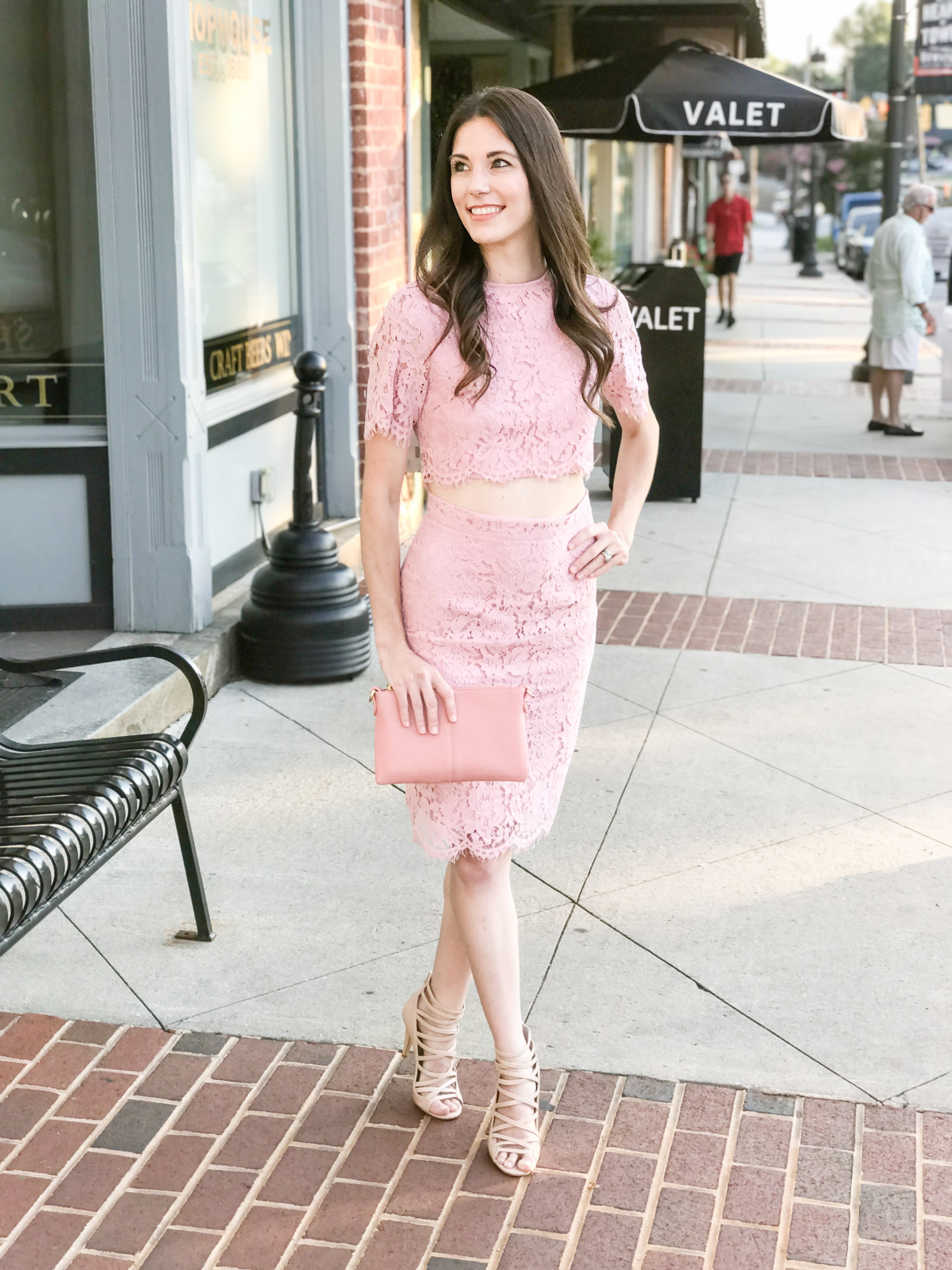 pink blush lace body con crop top dress skirt nude heels | every day joie by elle bowes